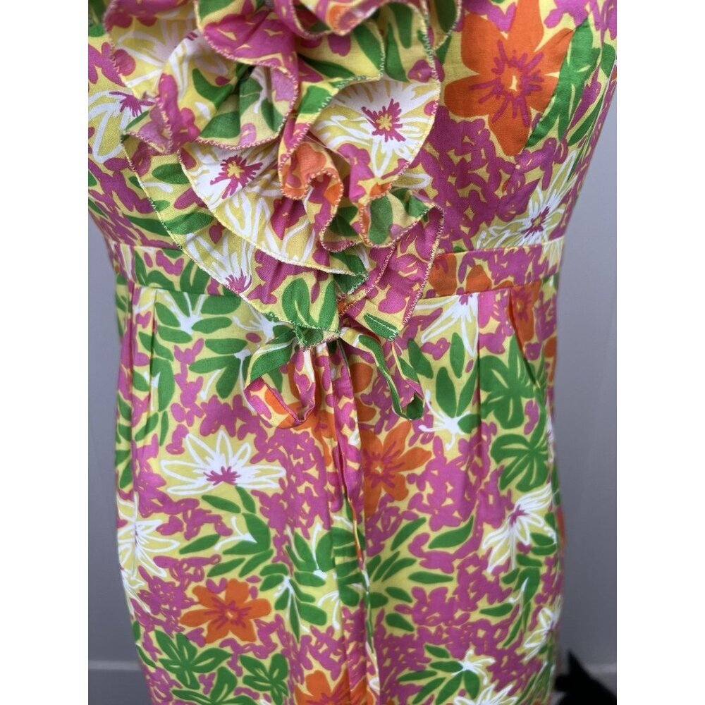 Lilly Pulitzer Ruffle Halter Dress Floral Pink Green Orange Cotton Lined Size 0 - Picture 4 of 11